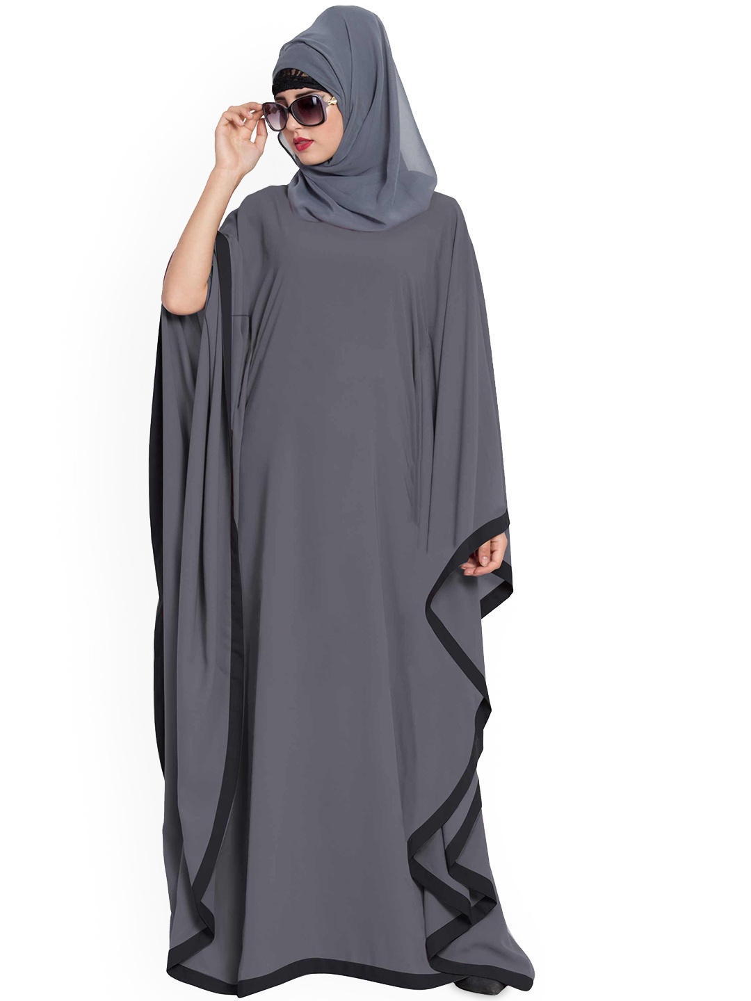 MUSHKIYA Round Neck Solid Kaftan Burqas With Scarf, Grey