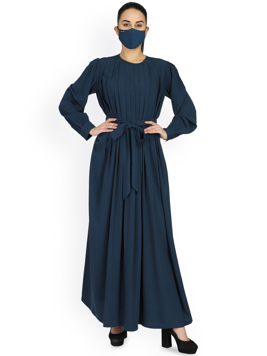 

MUSHKIYA Round Neck Solid Abaya With Pleats And Belt Burqa, Teal
