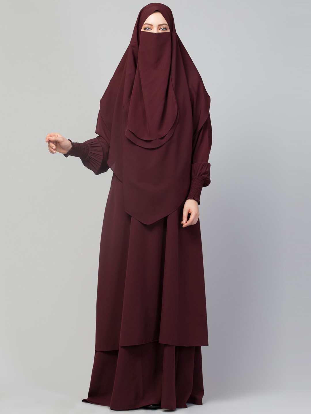 

MUSHKIYA Round Neck Solid Dual Layer Burqa With Scarf Stole & Mouth Piece, Maroon