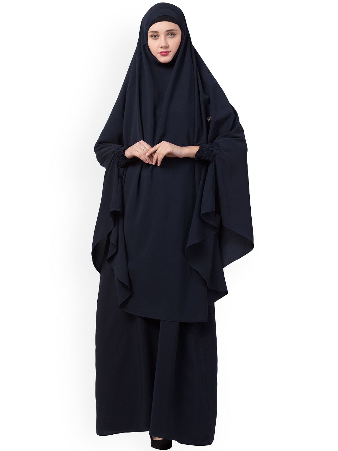 

MUSHKIYA 2 Pcs Round Neck Solid Abaya With Khimar Burqas, Navy blue