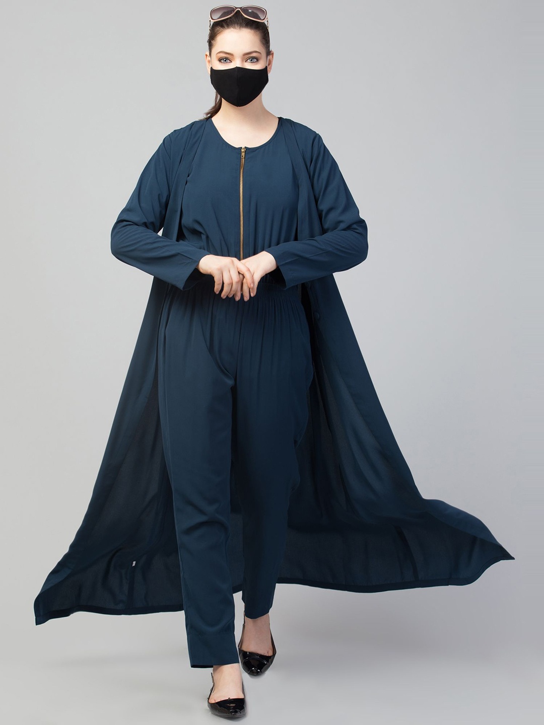 

MUSHKIYA Round Neck Solid Jumpsuit Coat Abaya With Burqas, Teal