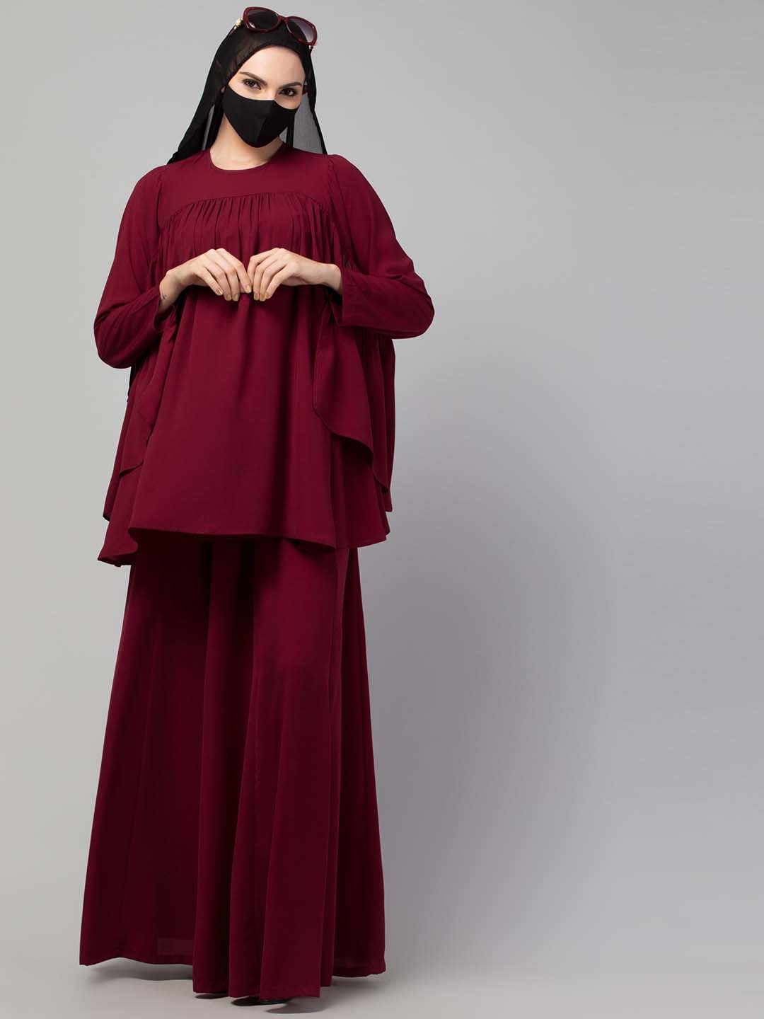 

MUSHKIYA Round Neck Solid Abaya Burqa, Maroon