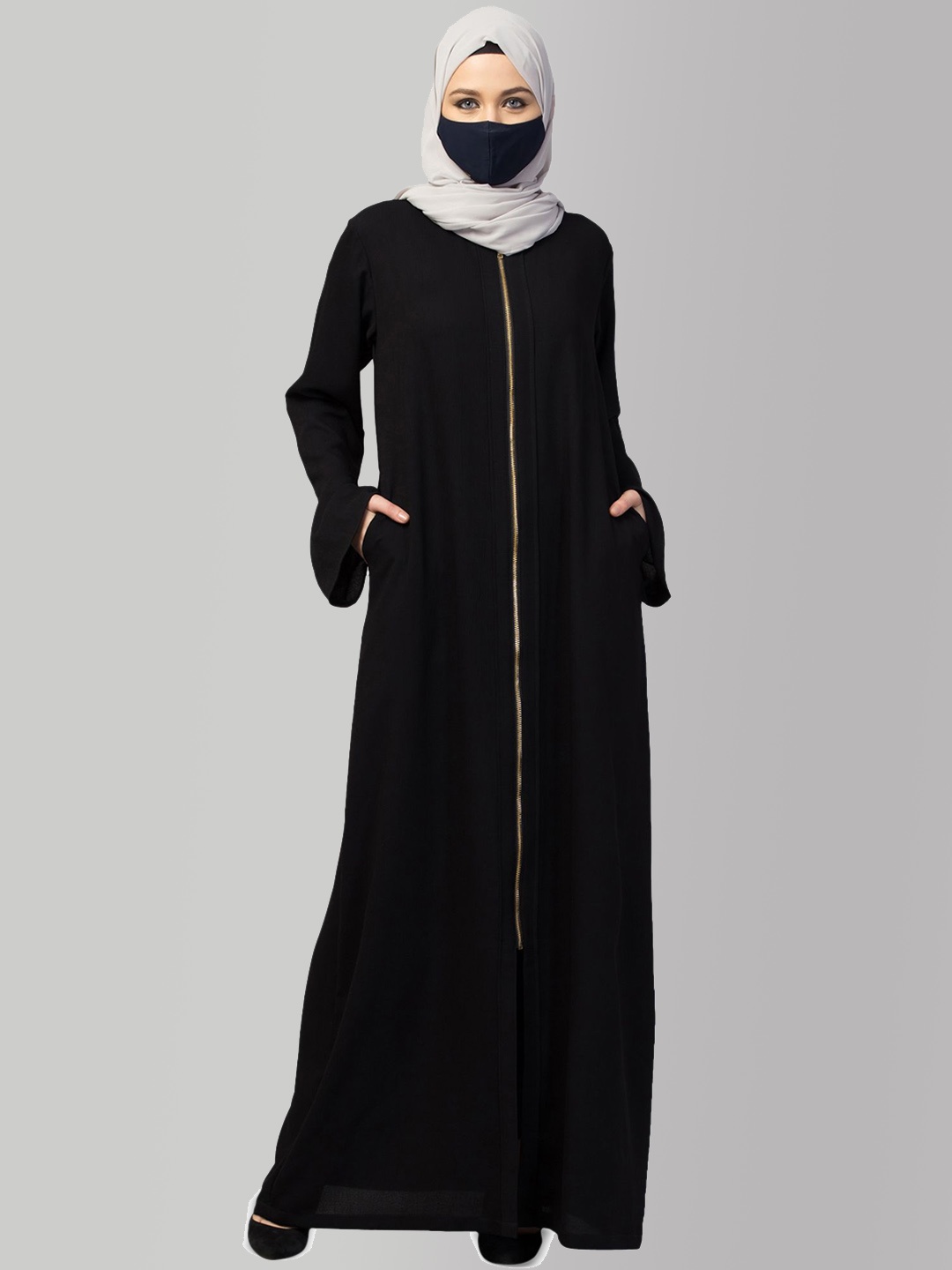 

MUSHKIYA Round Neck Zipper Abaya Burqas With Hijab, Black