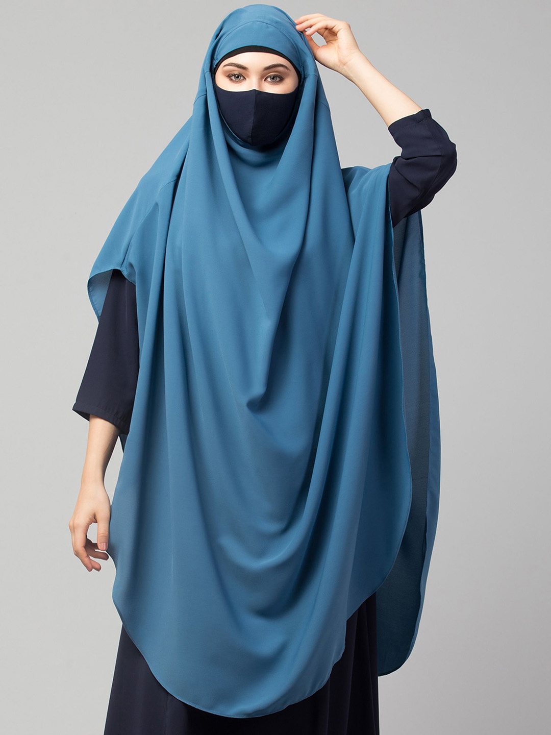 

MUSHKIYA Round Neck Solid Burqas With Hijab, Blue
