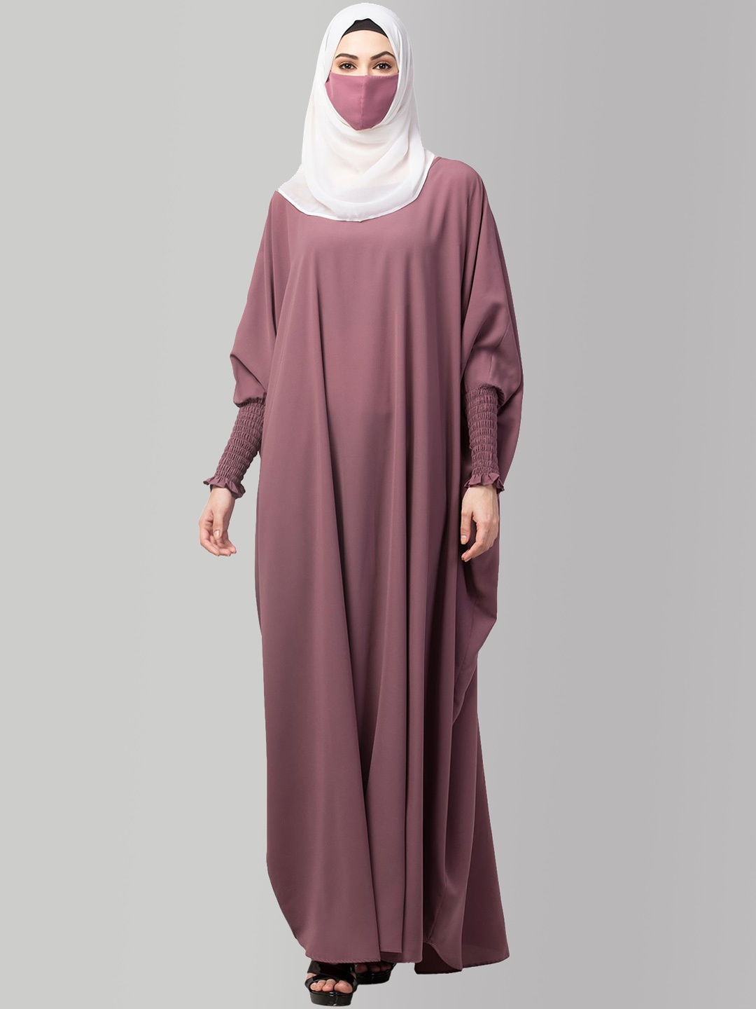 

MUSHKIYA Elasticated Round Neck Solid Abaya Burqas With Hijab, Pink