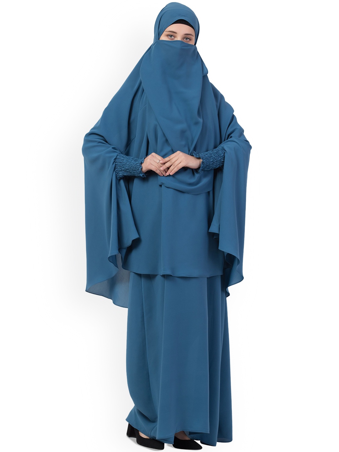 

MUSHKIYA Round Neck Solid 2-Pcs Khimar Hijab With Burqas, Blue