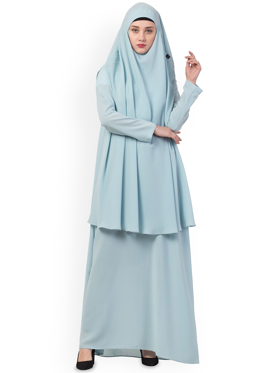 

MUSHKIYA Round Neck Solid Abaya Burqa With Khimar Hijab, Blue
