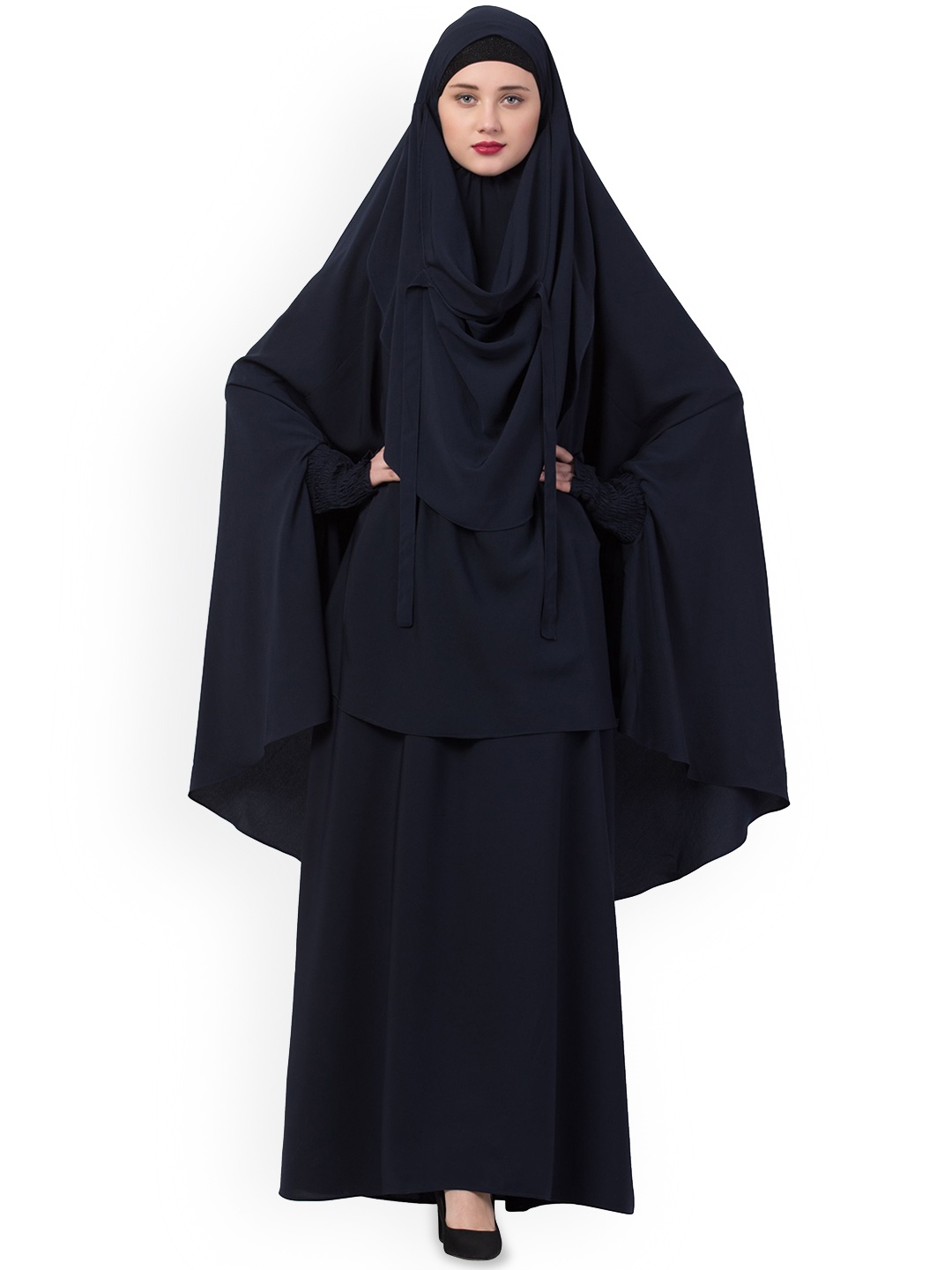 

MUSHKIYA Round Neck Solid Abaya Burqa With Khimar Hijab, Navy blue