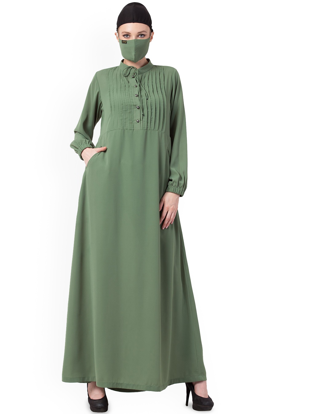 

MUSHKIYA High Neck Pin Tucks and Front Pocket Abaya With Burqas, Olive