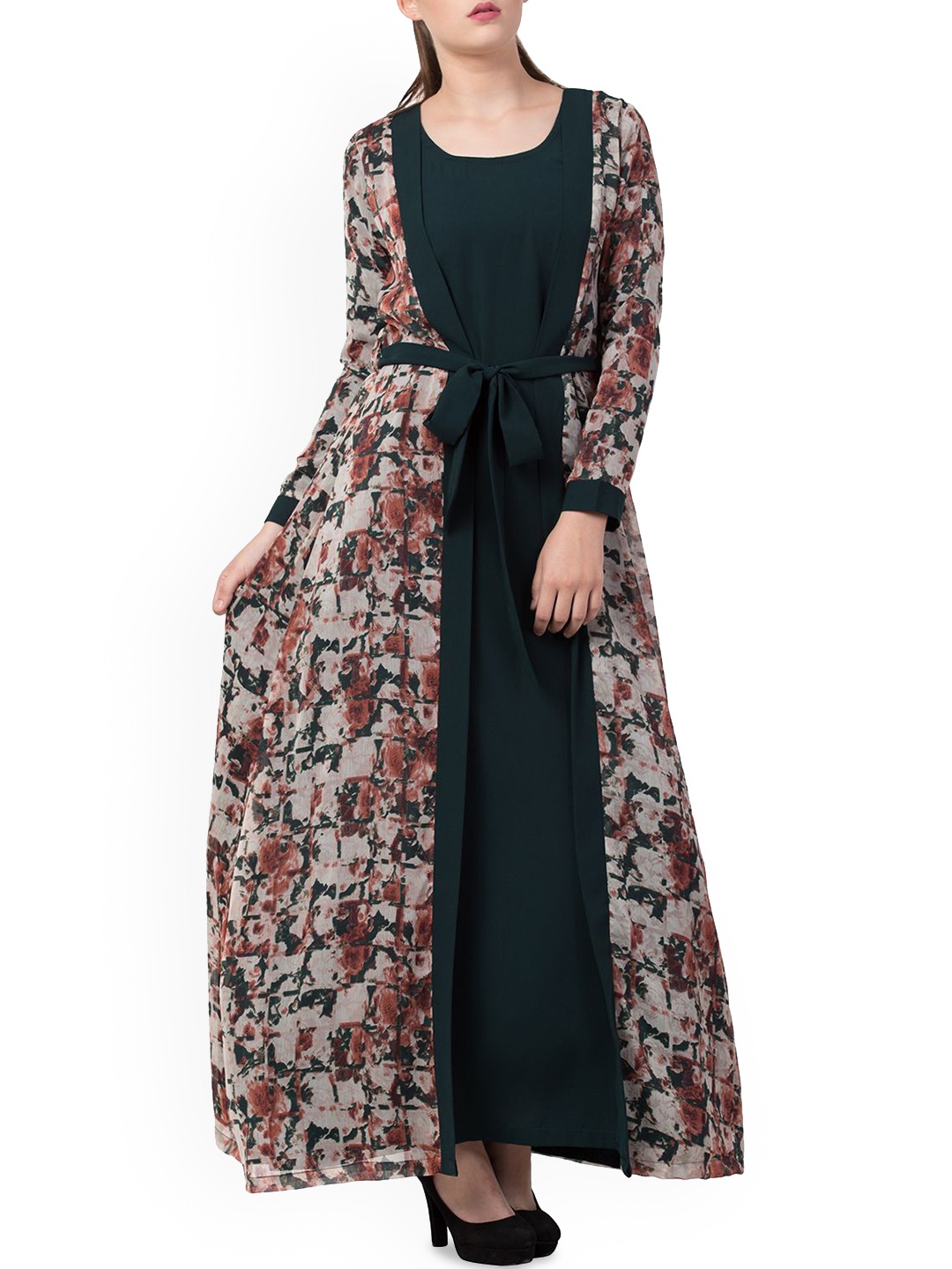 

MUSHKIYA Abaya With Printed Shrug and Belt Burqa, Green