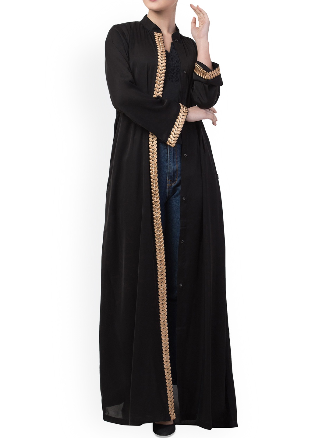 

MUSHKIYA Lace Design Front Open Abaya Burqas, Black