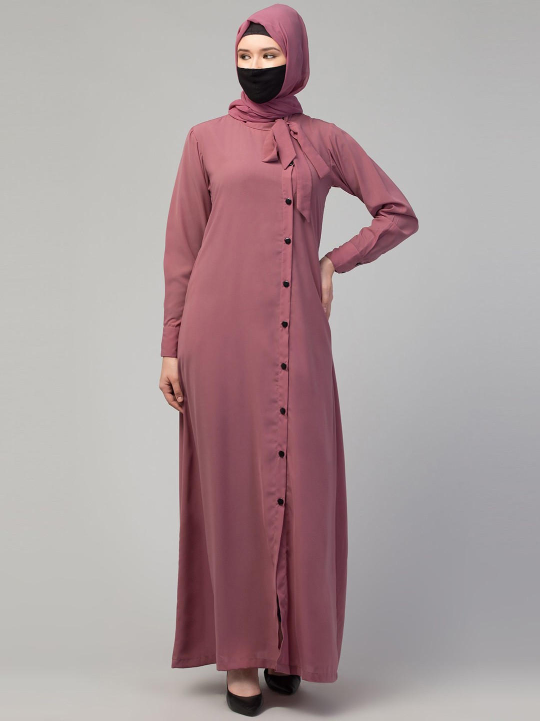 

MUSHKIYA Round Neck Solid Abaya With Burqa With Scarf, Pink