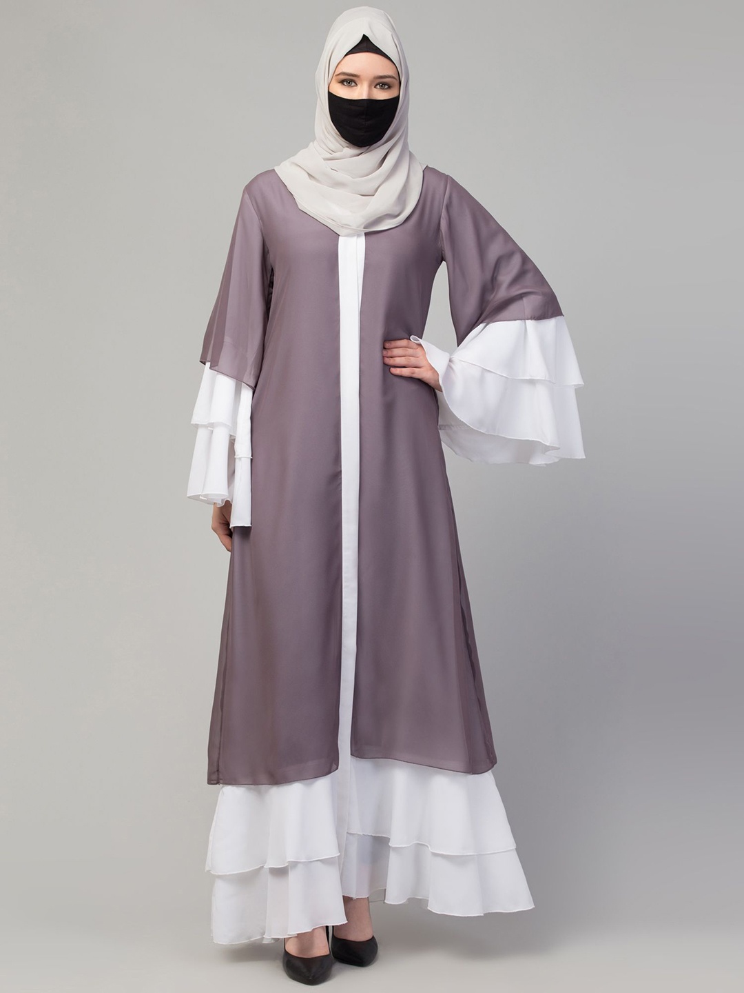 

MUSHKIYA Layered Round Neck Solid Abaya Burqas With Hijab, Grey