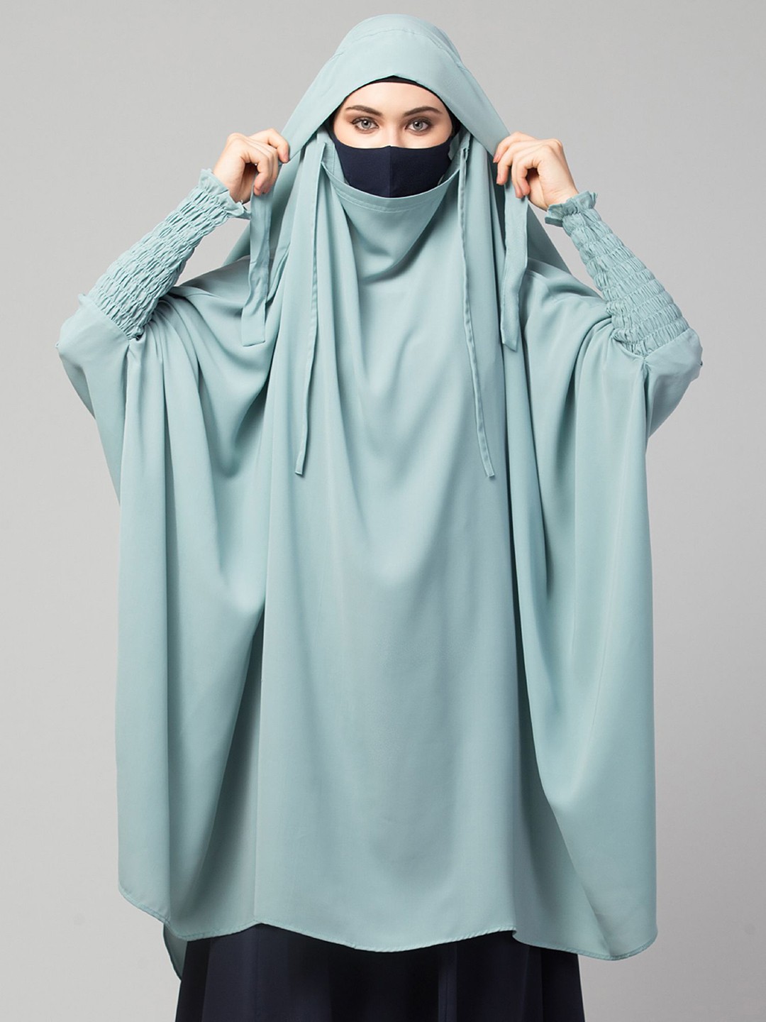 

MUSHKIYA Round Neck Solid Abaya With Burqa With Khimar Hijab, Blue