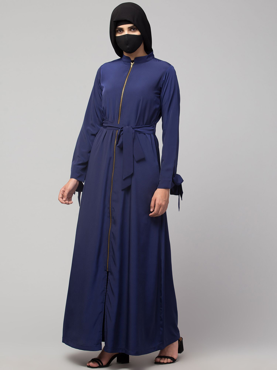 

MUSHKIYA High Neck Solid Abaya Burqas With Zipper, Navy blue