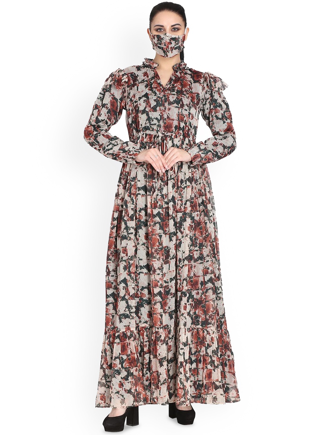 

MUSHKIYA V-Neck Floral Printed Abaya Burqa, Grey