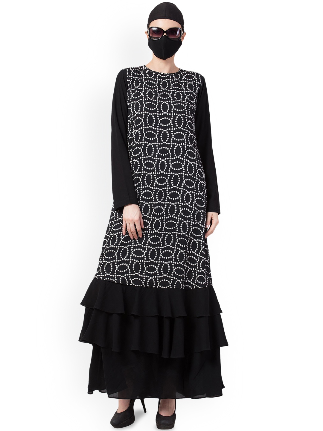 

MUSHKIYA Printed Multi Layered Round Neck Abaya Burqas, Black