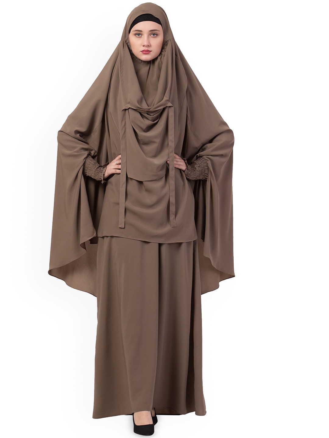 

MUSHKIYA Round Neck Solid Abaya Burqa With Khimar Hijab, Khaki