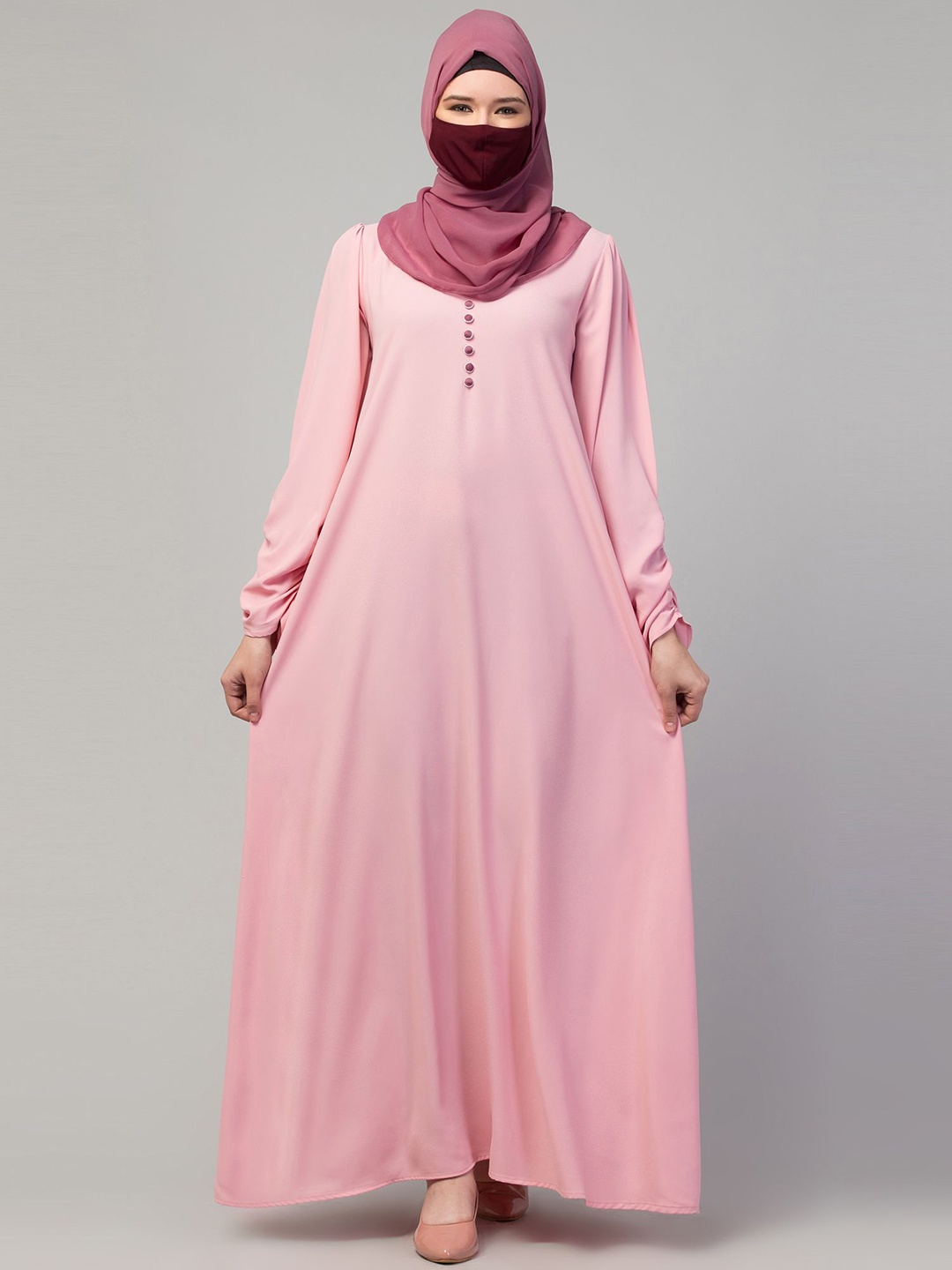 

MUSHKIYA Round Neck Solid Burqa With Hijab, Pink