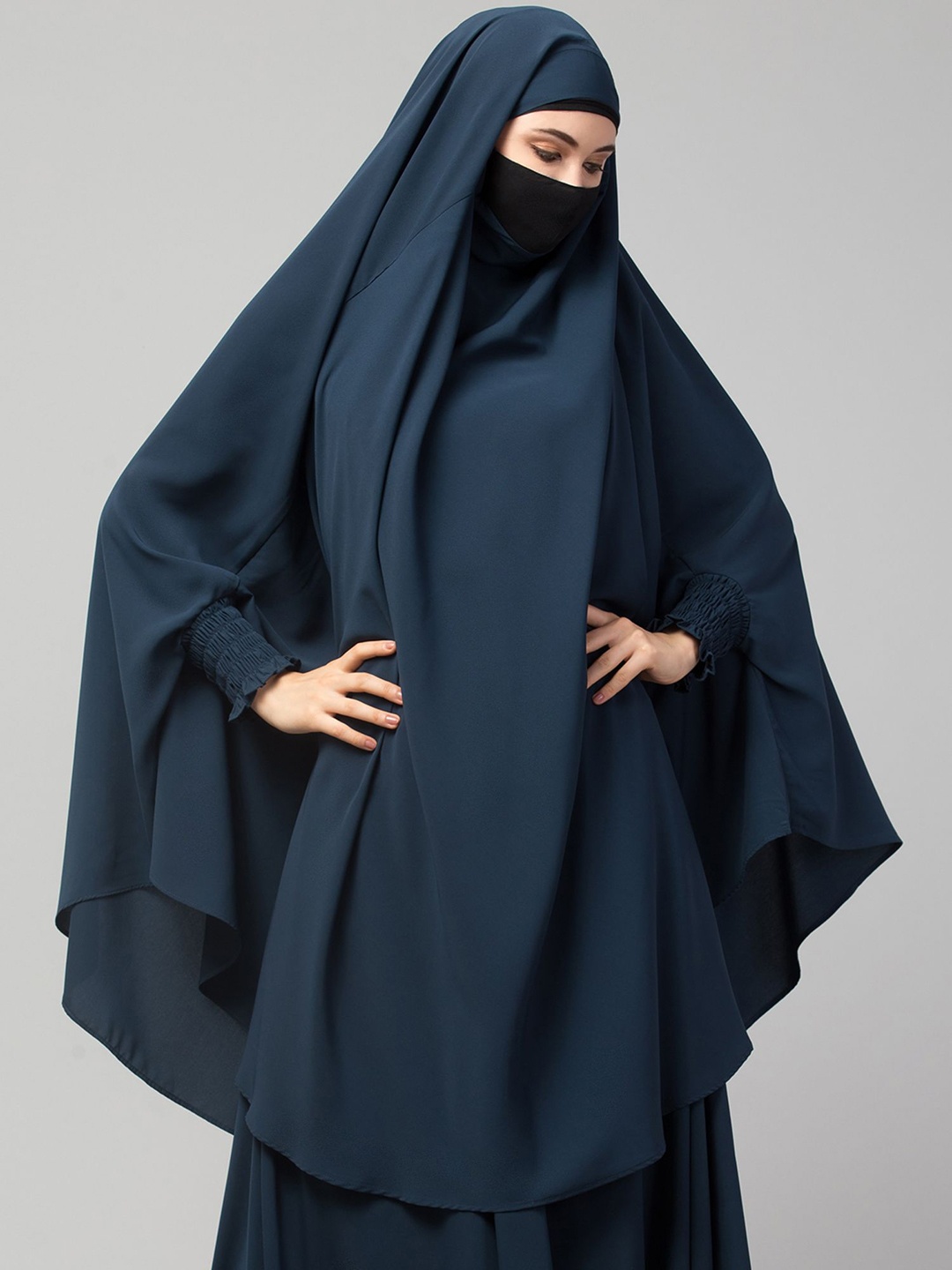 

MUSHKIYA Round Neck Solid Abaya With Khimar Burqas & Mouth Piece, Teal
