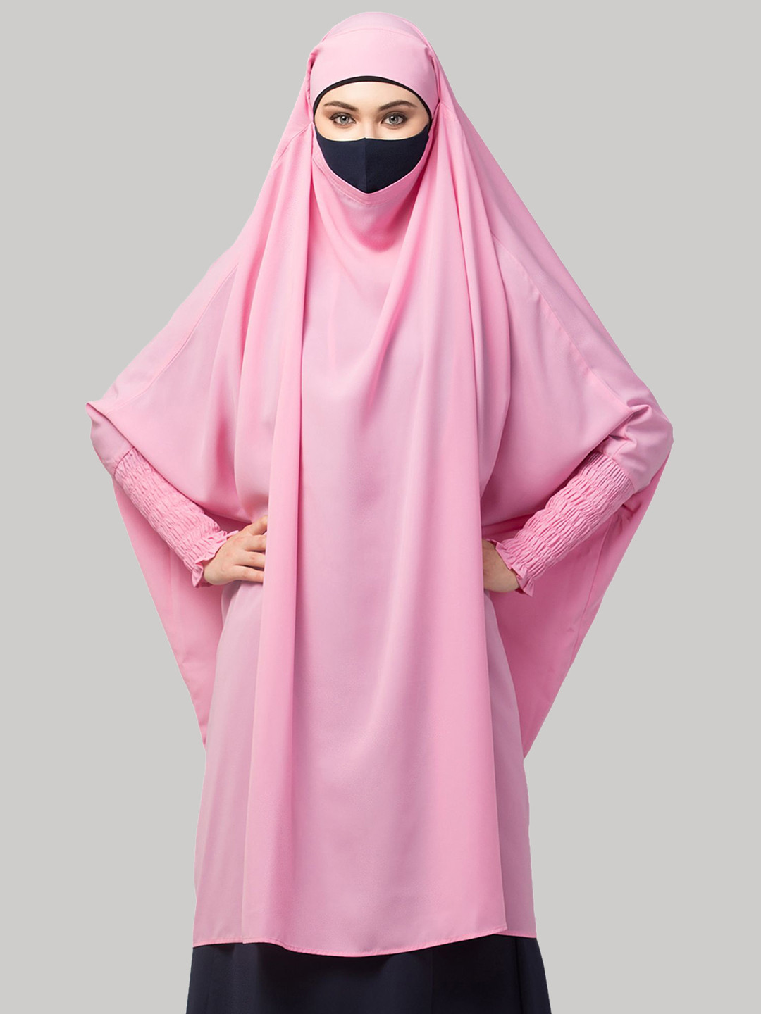 

MUSHKIYA Round Neck Solid Abaya With Khimar Burqas & Mouth Piece, Pink