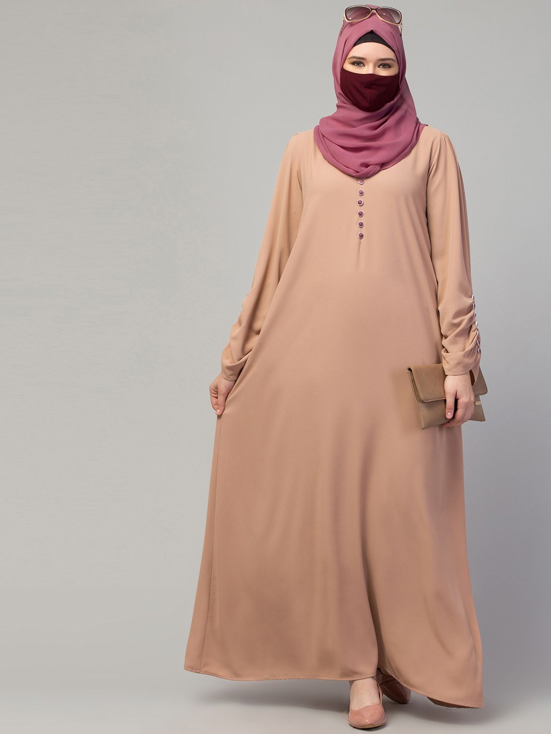 

MUSHKIYA Round Neck Solid Abaya With Burqas & Hijab, Beige