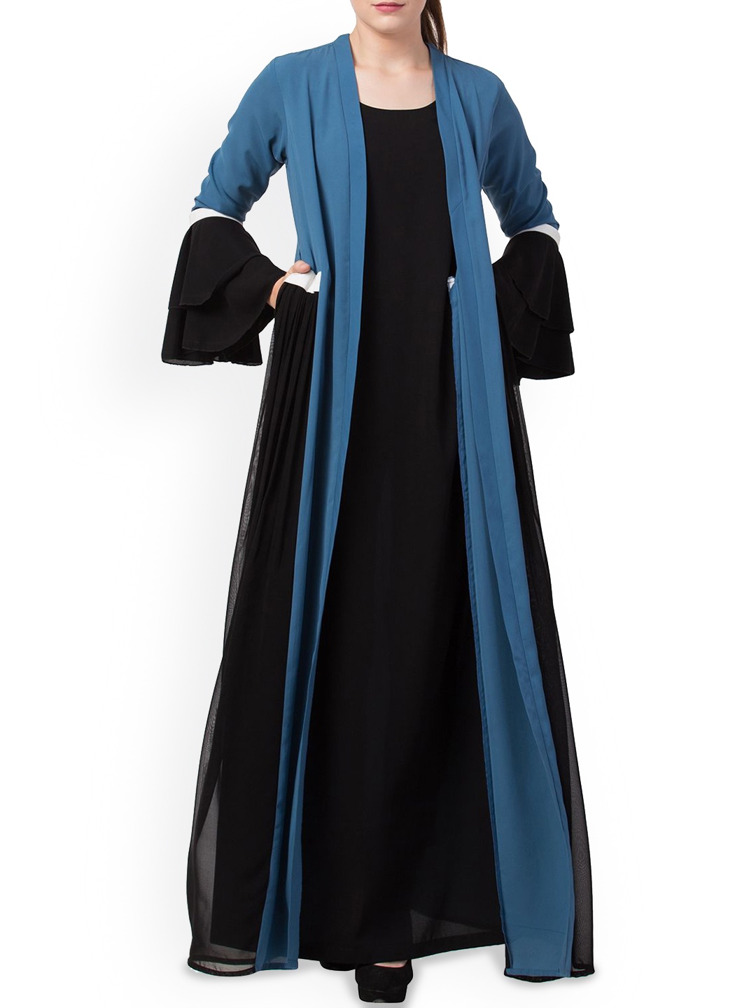 

MUSHKIYA Solid Abaya Burqa With Attached Shrug & Belt, Blue
