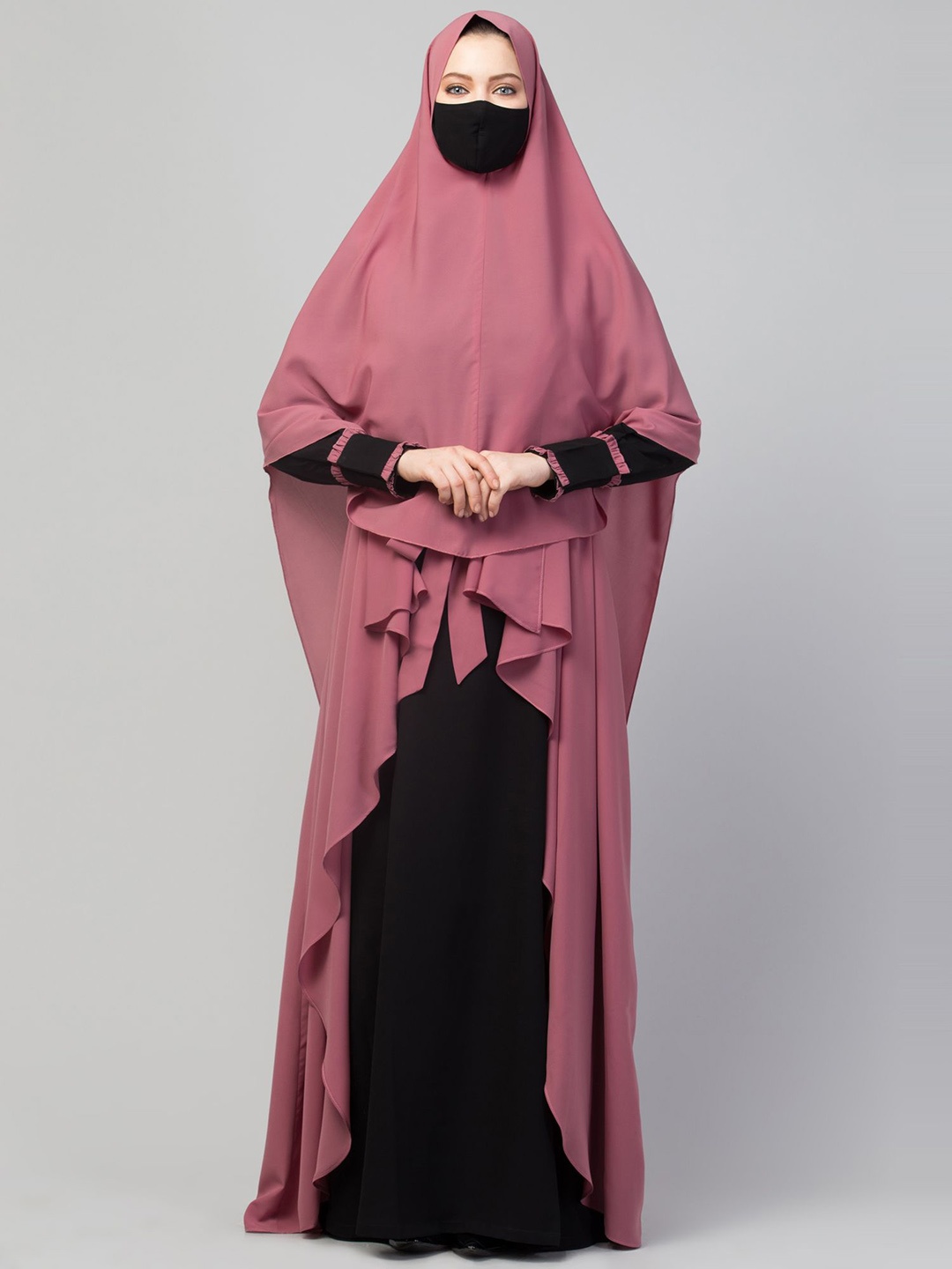 

MUSHKIYA Round Neck Solid Abaya with Shrug & Stole Hijab Burqas, Black