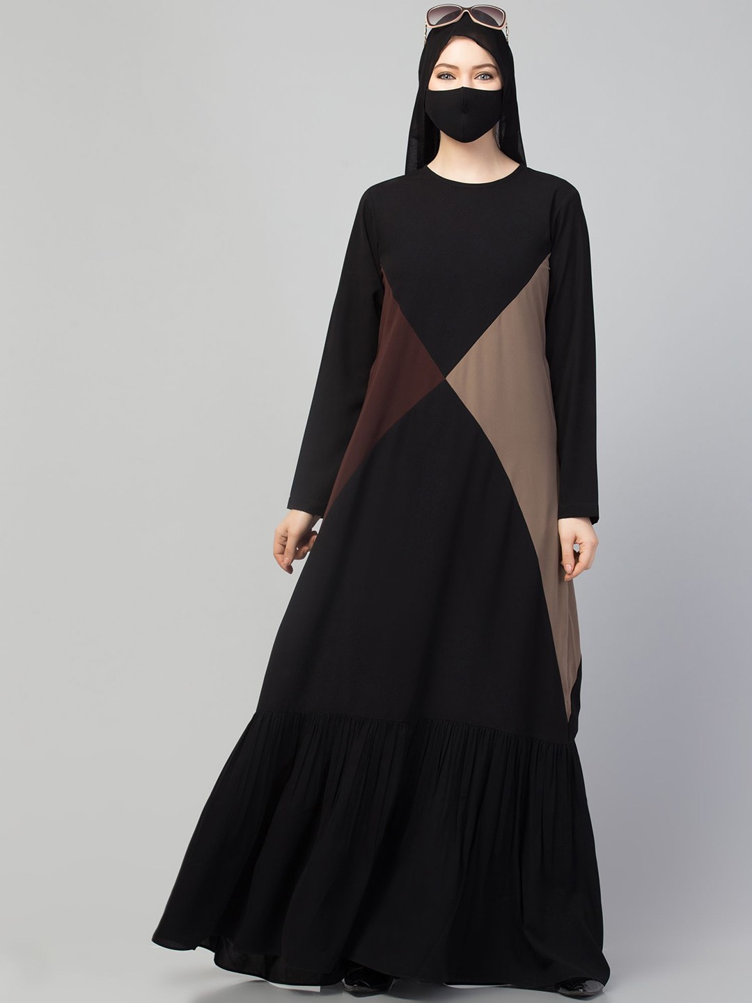 

MUSHKIYA Round Neck Colorblocked Abaya Burqas With Scarf, Black