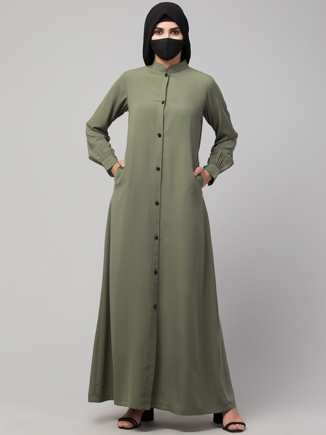 

MUSHKIYA High Neck Solid Abaya Pockets Burqas With Scarf, Olive