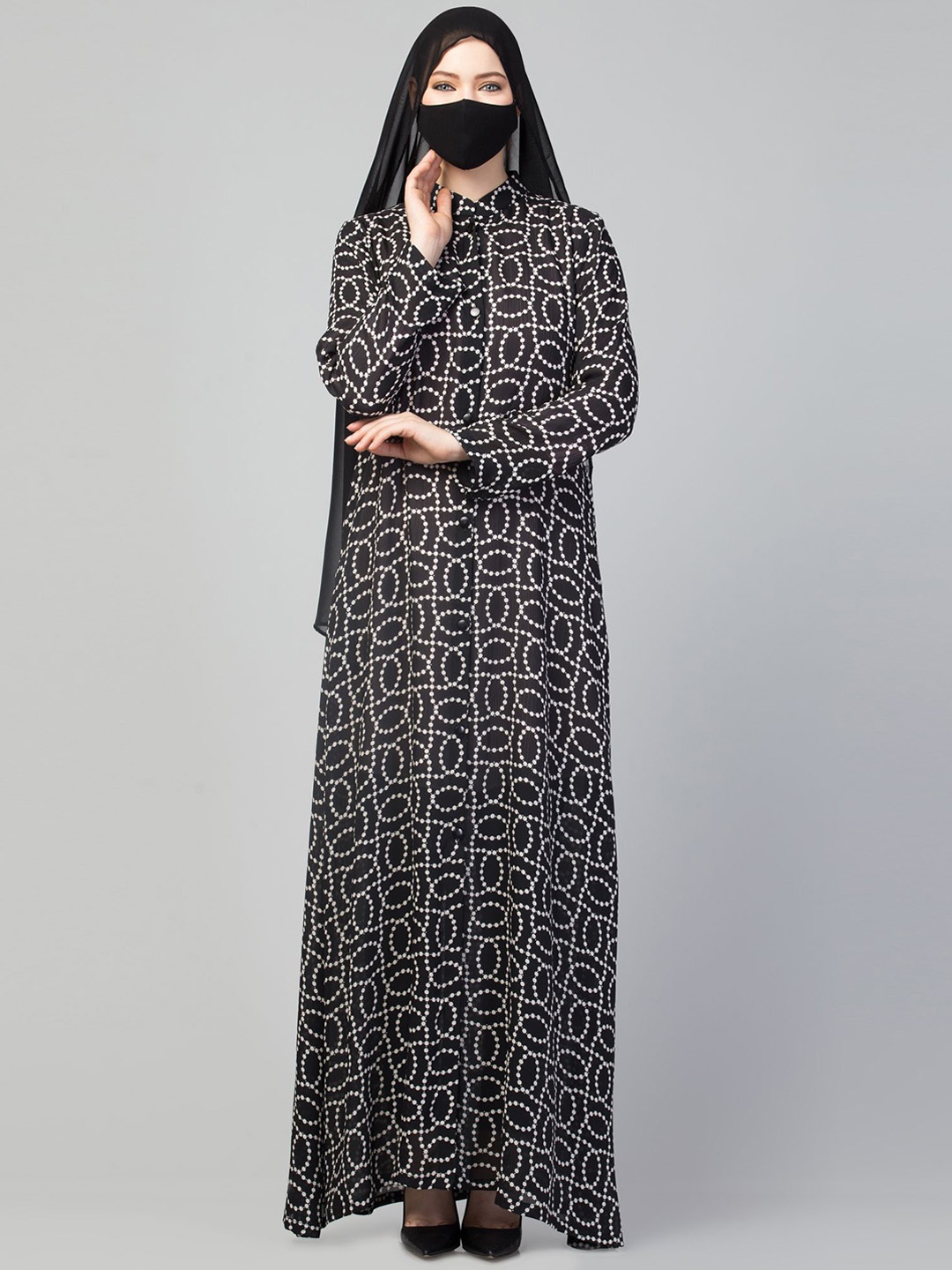 

MUSHKIYA Round Neck Printed Abaya With Burqas & Scarf, Black