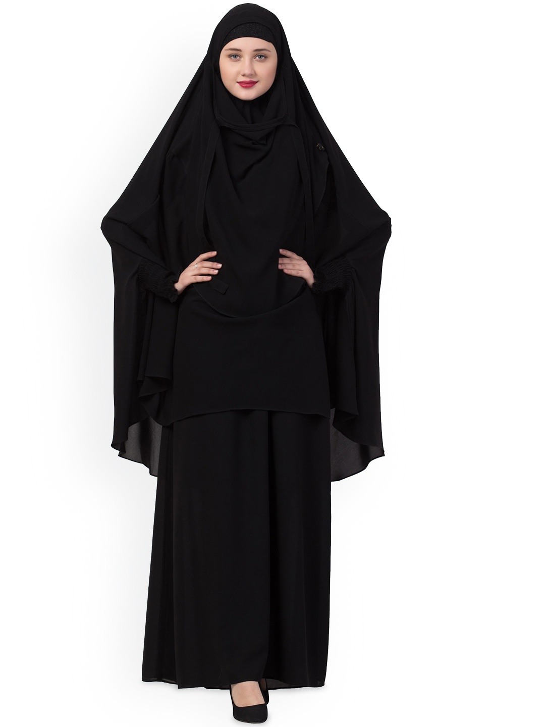 

MUSHKIYA Round Neck Solid 2Pc Abaya Burqas With Khimar Hijab, Black