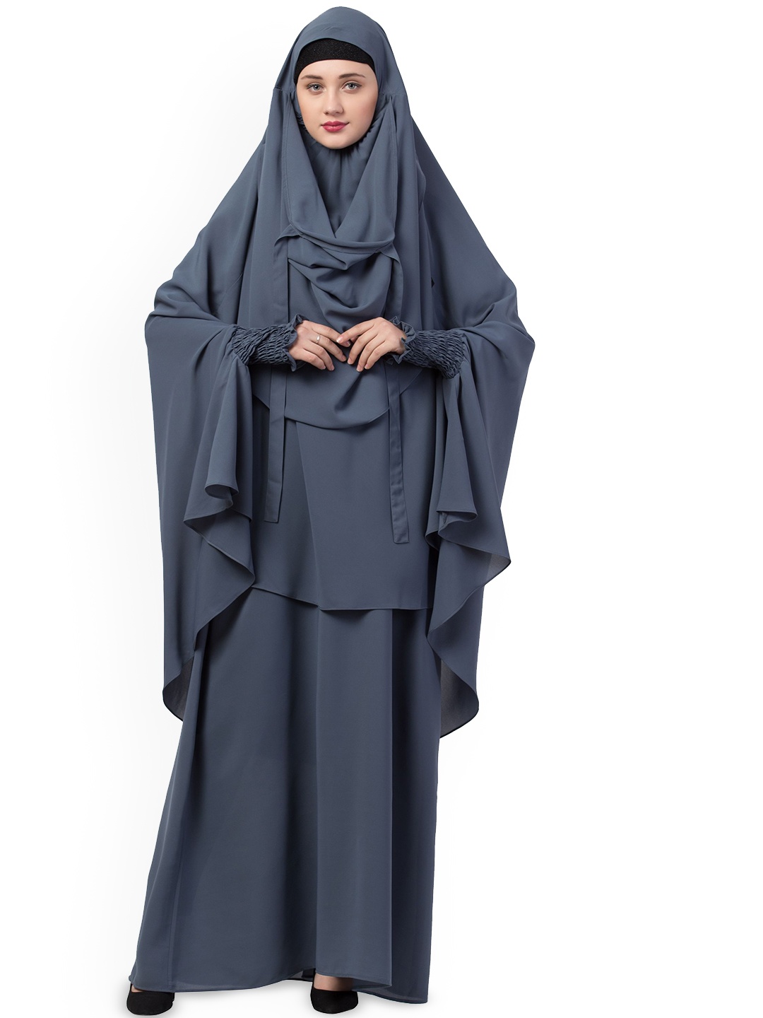 

MUSHKIYA Round Neck Solid Abaya Burqas With Khimar Hijab, Grey