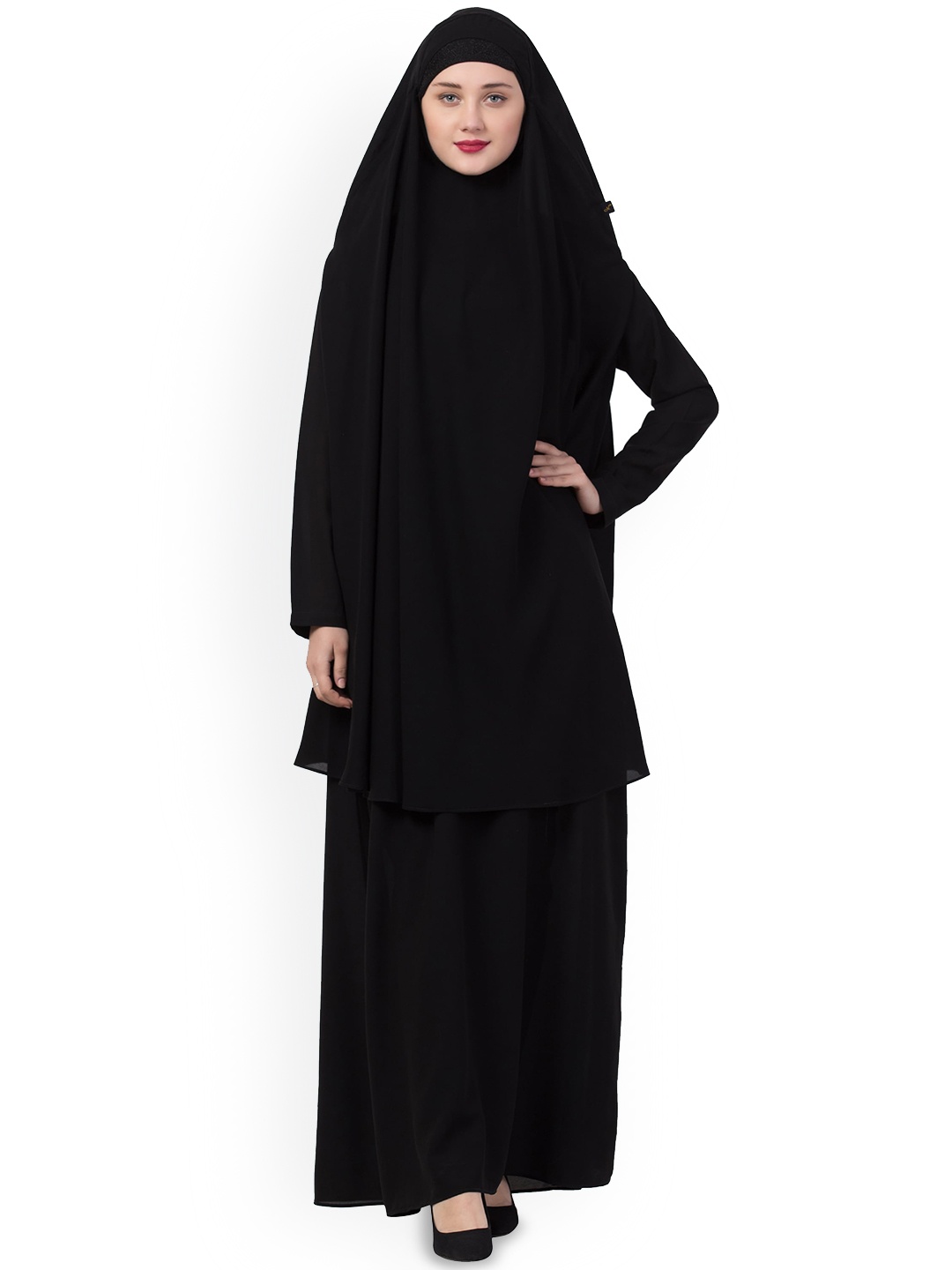

MUSHKIYA Round Neck Solid Abaya Burqas With Khimar Hijab, Black