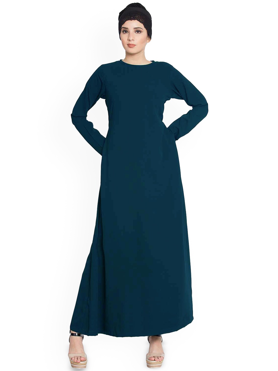 

MUSHKIYA Round Neck Solid Pockets Abaya Burqa, Teal