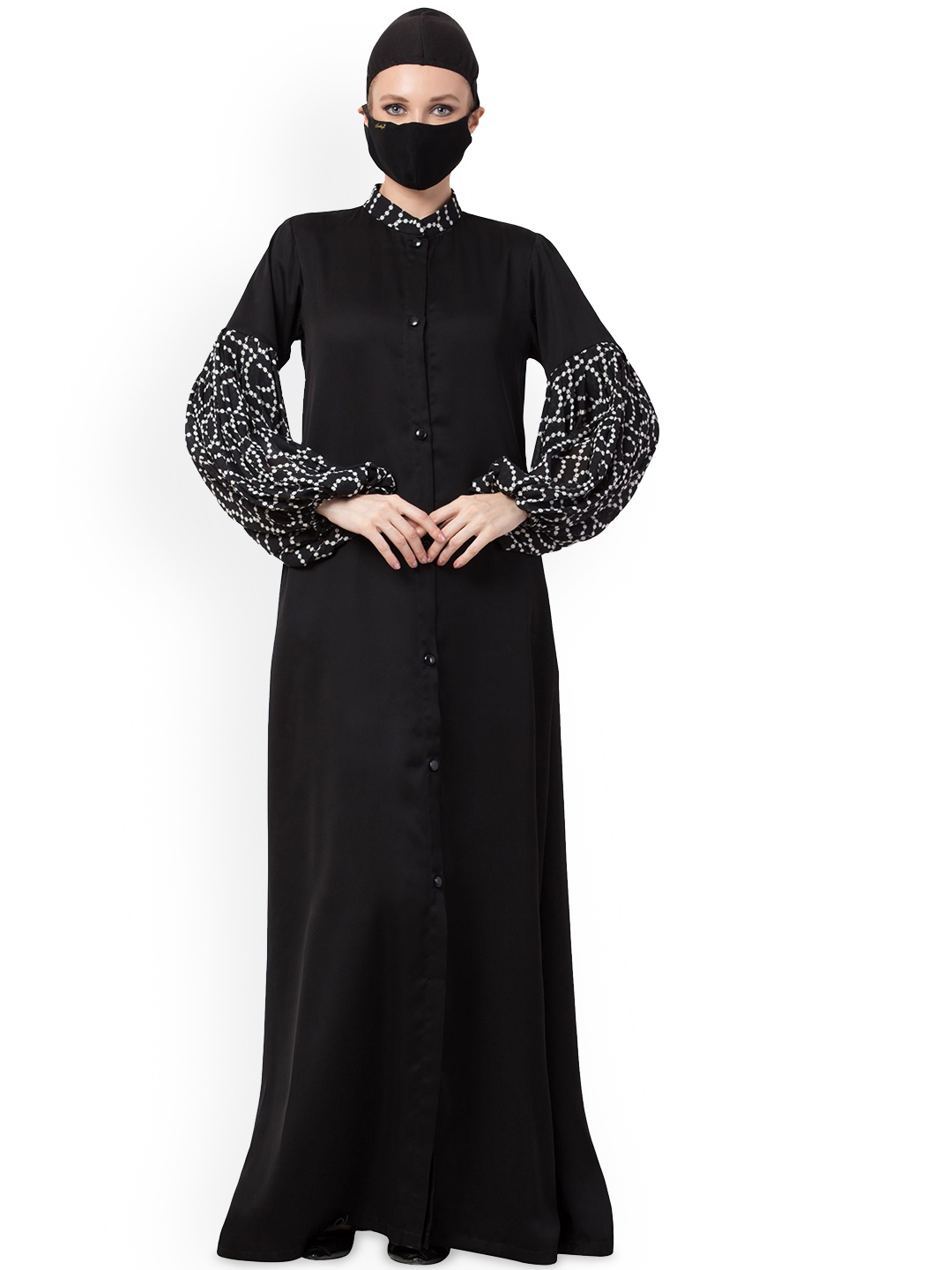 

MUSHKIYA Printed High Neck Abaya Burqas With Hijab, Black