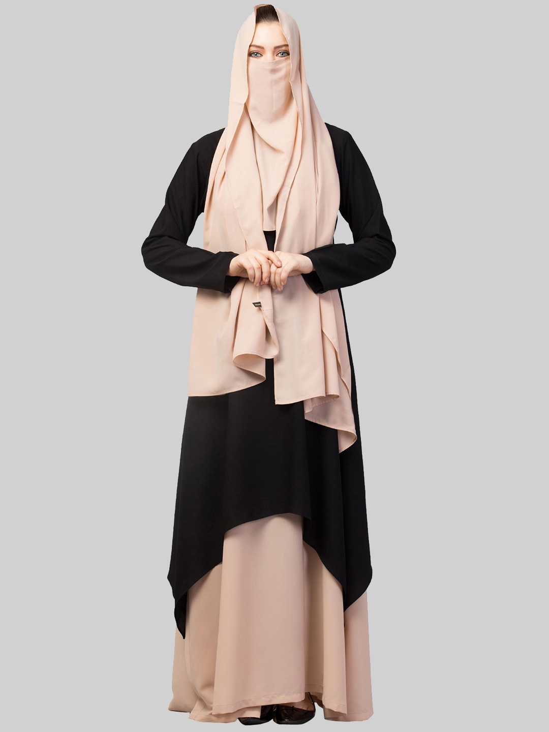 

MUSHKIYA Round Neck Solid 3 Pcs Abaya With Hijab & Mouth Piece, Black
