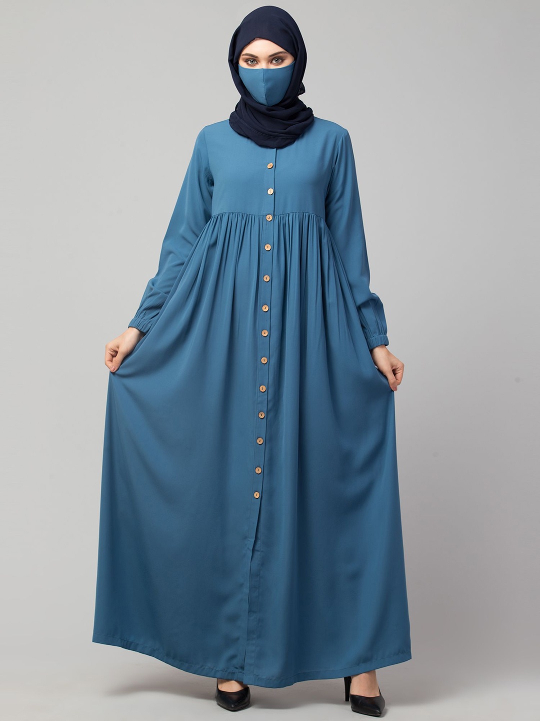 

MUSHKIYA Round Neck Solid Abaya With Scarf, Blue