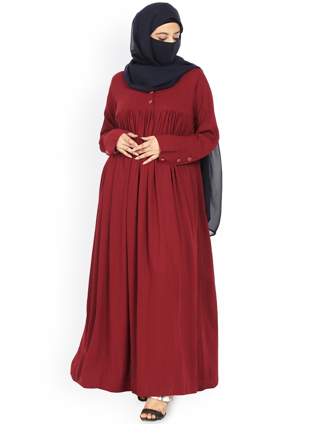 

MUSHKIYA Round Neck Solid Abaya Burqa With Scarf, Maroon