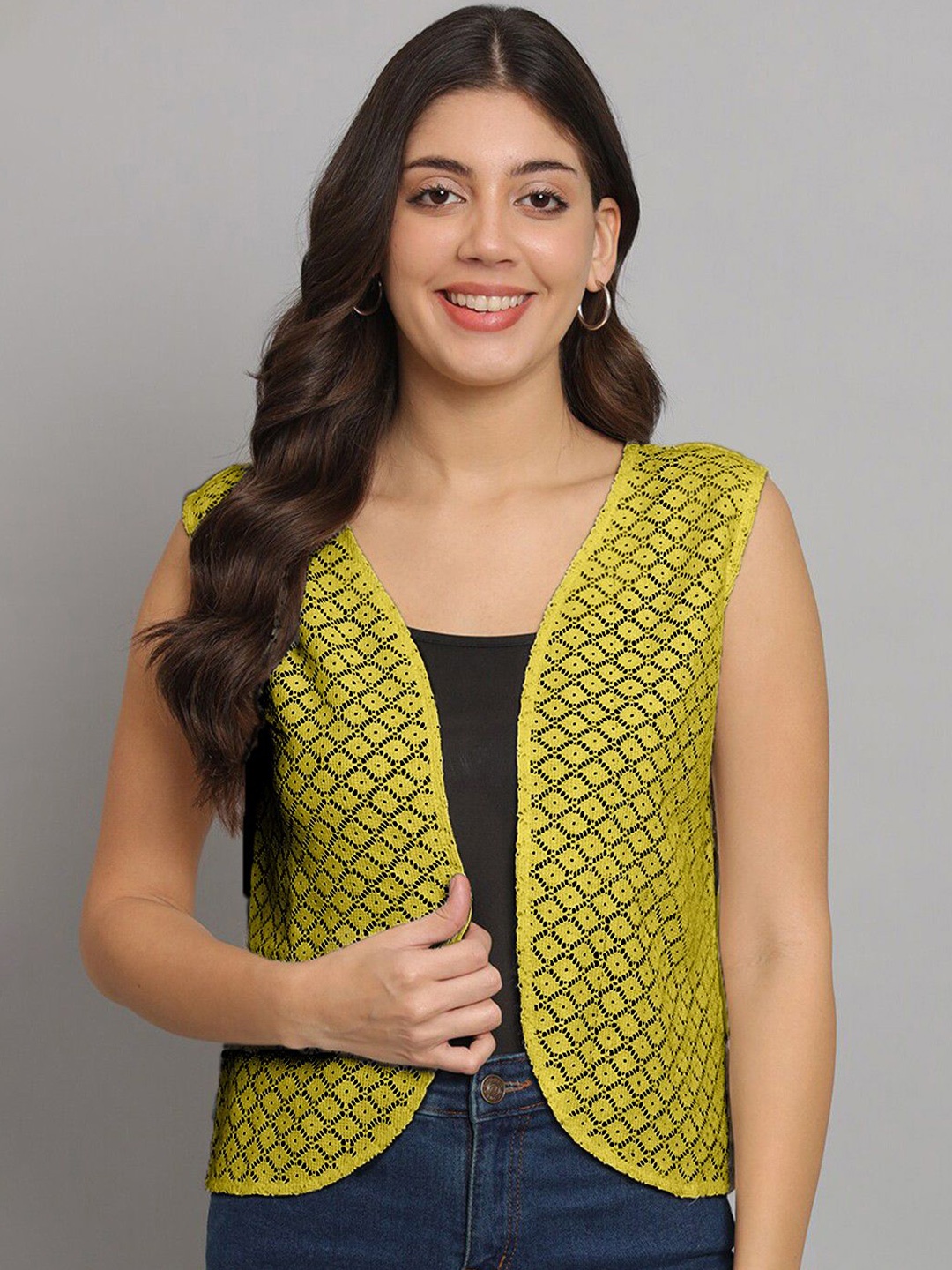 

urSense Self Design Sheer Cotton Open Front Crop Shrug, Yellow