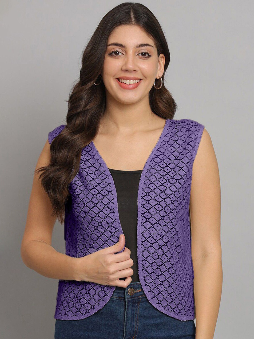 

urSense Self Design Sheer Cotton Open Front Crop Shrug, Purple
