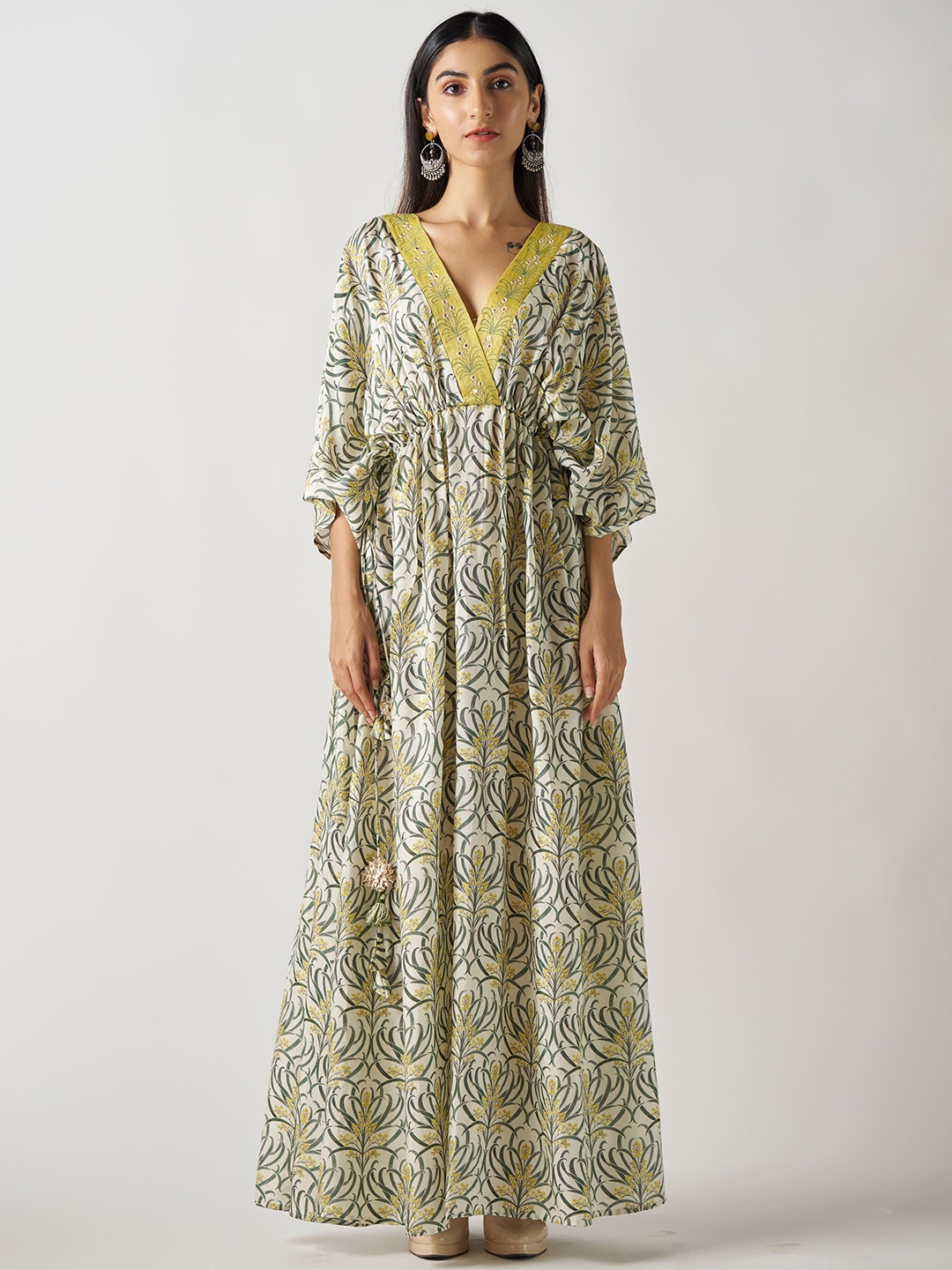 

SUKRUTI DESIGN Women V-neck Kaftan Dress, Yellow