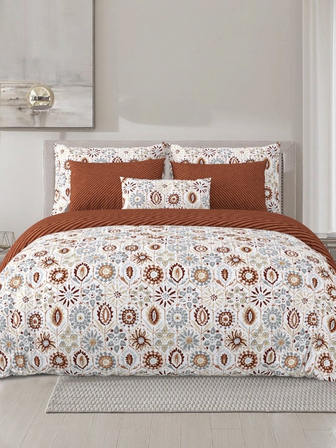 

Salona Bichona Brown & White Floral Printed Pure Cotton Double Queen Bedding Set