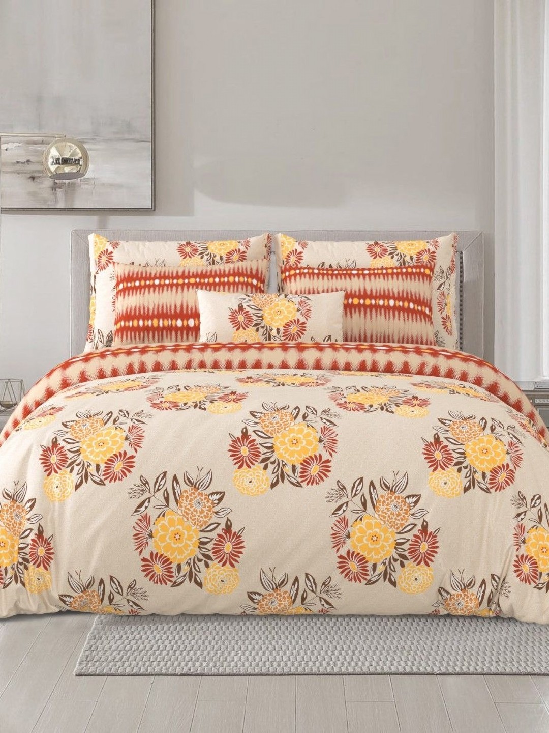 

Salona Bichona Orange & Red 4 Pieces Floral Cotton Double Queen Superfine Bedding Set
