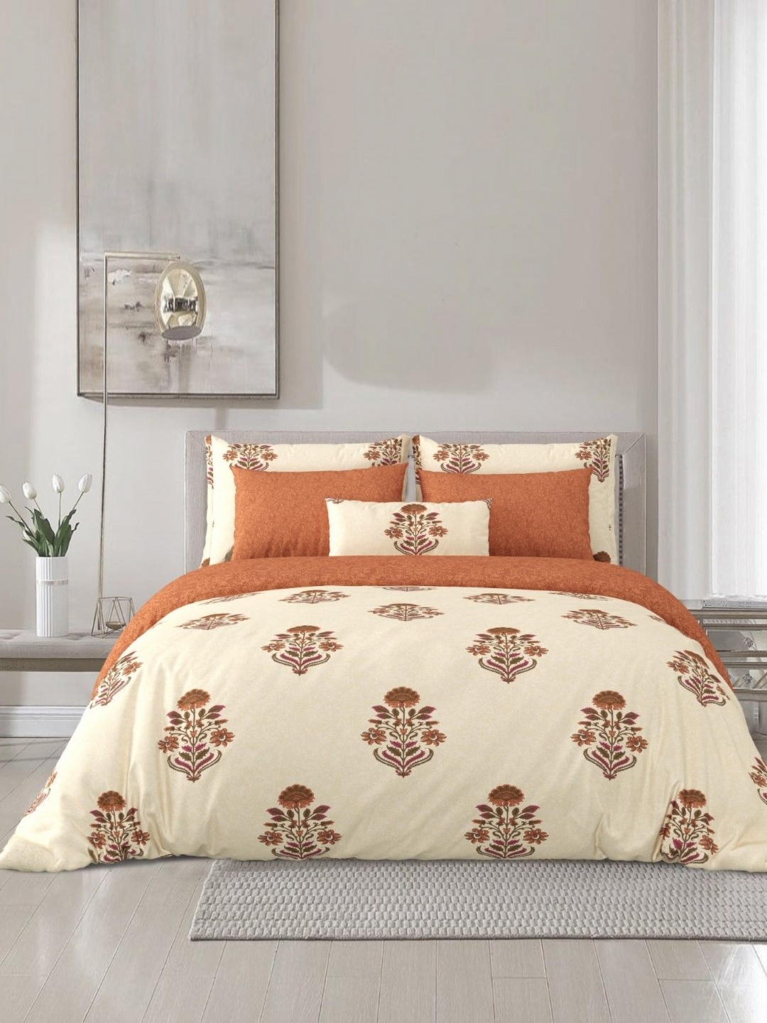 

Salona Bichona Brown & White 4 Pieces Floral Cotton Double Queen Superfine Bedding Set