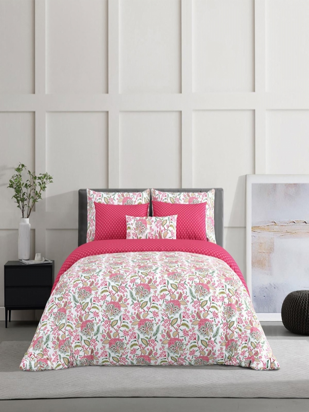 

Salona Bichona Pink & White Floral Cotton Double Queen Superfine Bedding Set