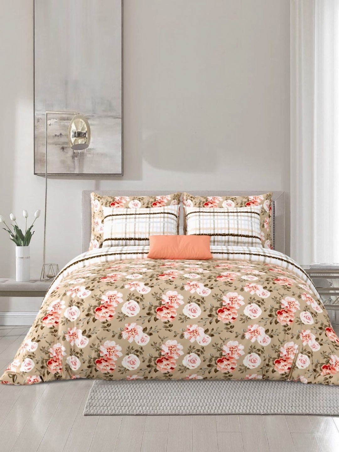 

Salona Bichona Orange & Green 4 Pieces Floral Cotton Double Queen Superfine Bedding Set