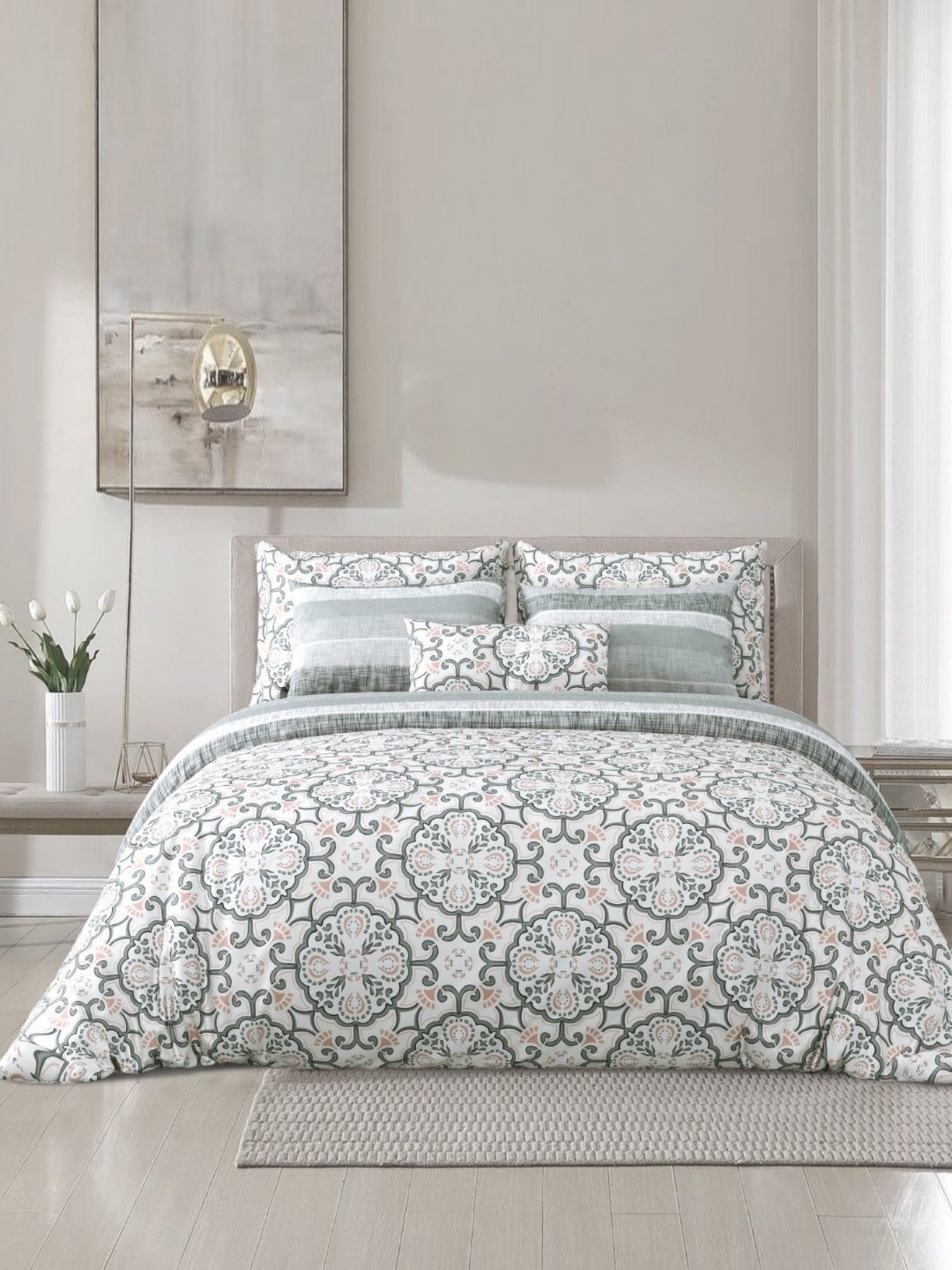 

Salona Bichona White & Green Ethnic Motifs Cotton Double Queen Superfine Bedding Set