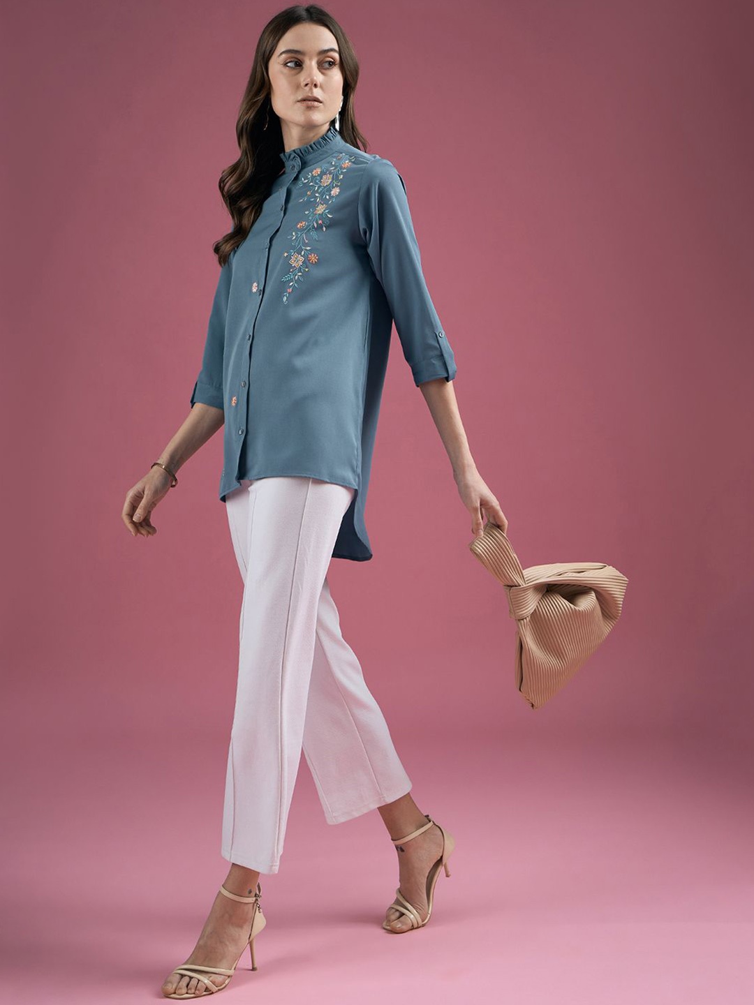 

DressBerry Mandarin Collar Crepe Shirt Style Top, Teal