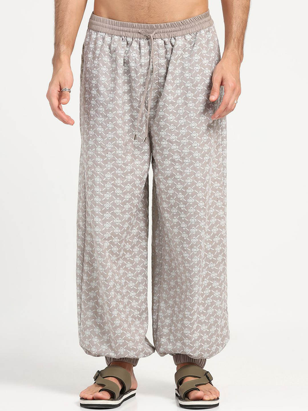 

LELA Men Embroidered Mid-rise Cotton Harem Pants, Taupe